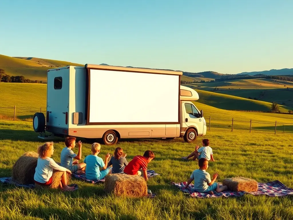 A CINECOM mobile cinema van parked in a picturesque rural setting, with children eagerly awaiting a film screening.