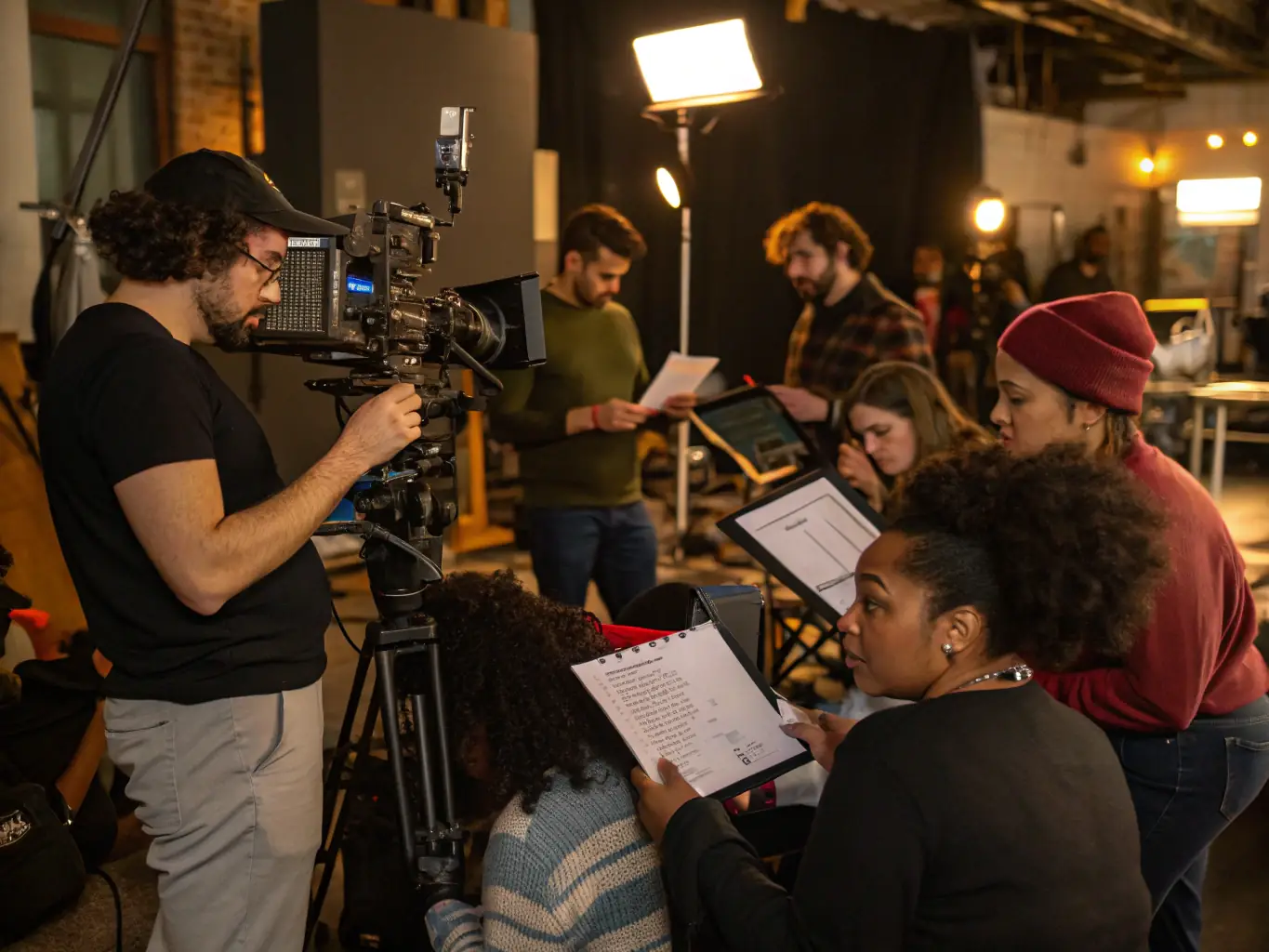 A dynamic image of a CINECOM-led film workshop, showing participants of various ages actively engaged in learning about filmmaking techniques and equipment.