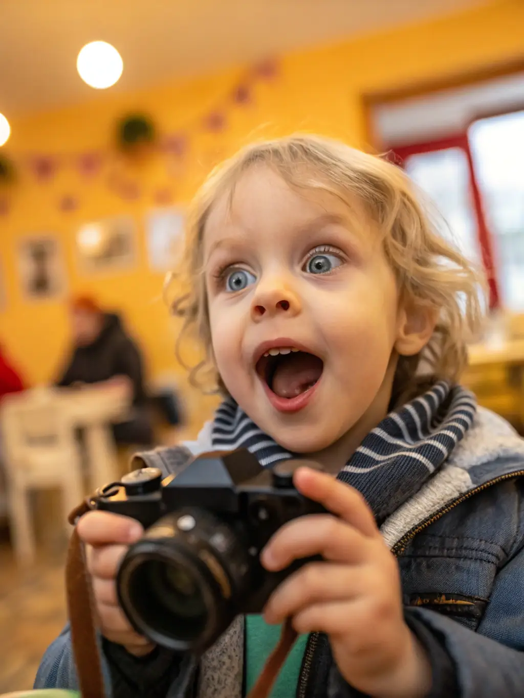 A close-up shot of a child's face, lit by the glow of a film projector during a CINECOM event. The child's expression should reflect wonder and engagement.