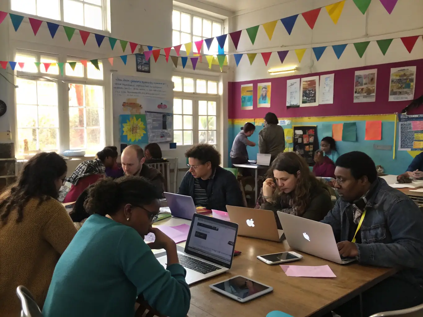 A group of diverse individuals participating in a CINECOM filmmaking workshop, set in a rural community center, showcasing hands-on learning and collaboration.