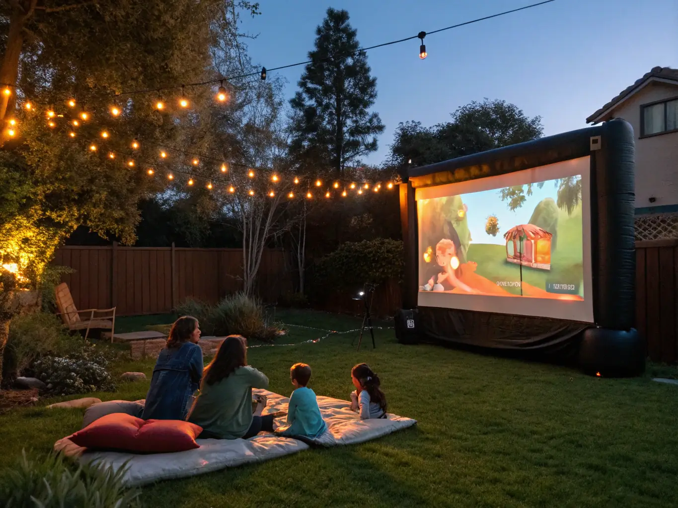 A photograph capturing a CINECOM film screening in a rural village square, with families and children enjoying the movie under the open sky. The atmosphere is joyful and community-focused.