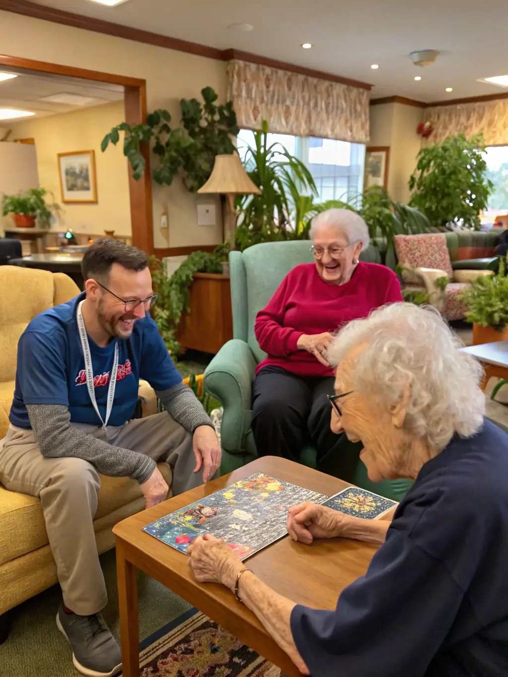 A CINECOM volunteer assisting elderly residents with accessing and enjoying a film screening, highlighting the organization's commitment to inclusivity and accessibility.