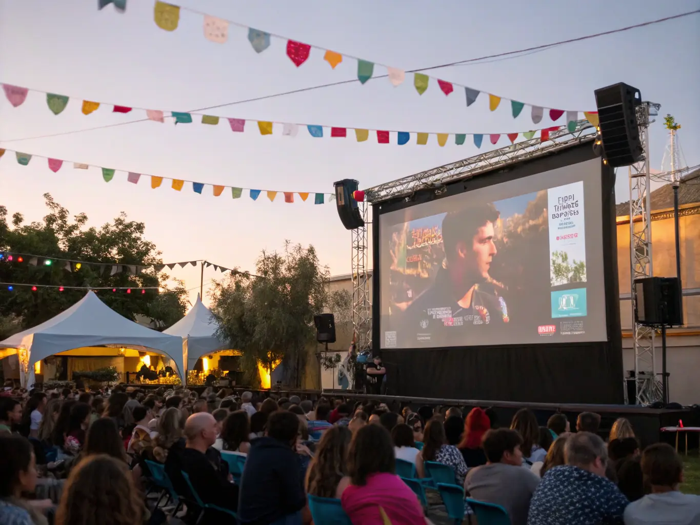 A vibrant scene from a CINECOM-organized film festival in a rural town square, with families and community members enjoying an outdoor screening.